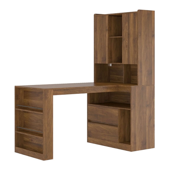 S-HOME Modern L Shaped Computer Desk with Drawers and LED Light Charging Station, Wood Finish, Corner Office Station