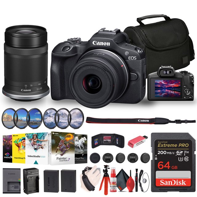 Canon EOS R100 Mirrorless Camera with 18-45mm and 55-210mm Lenses Kit 6052C022 Filter Kit Corel Photo Software Bag 64GB Card LPE17 Battery Charger Card Reader Flex Tripod International Model