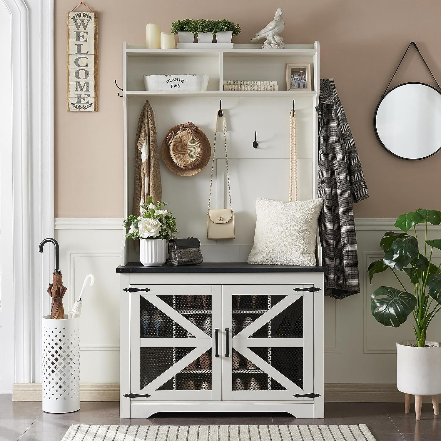 T4TREAM Farmhouse Entryway Hall Tree with Storage Bench, Shoe Cubbies