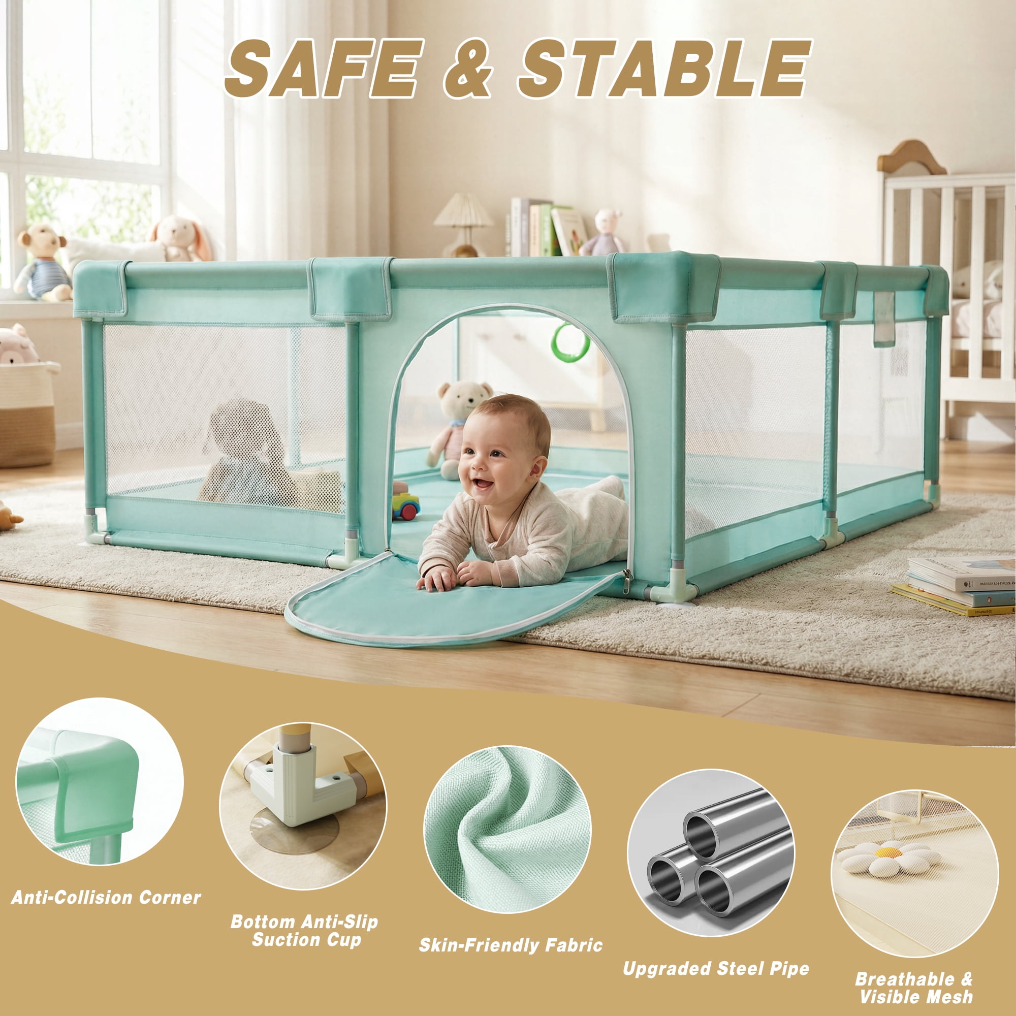 Easy4Home Large Baby Playpen 60"x60" Toddler Play Yards Safety Fence, Pale Green