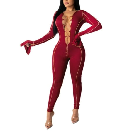 Riforla Spring and Summer Women s Sexy Sexy V Neck Straps Flared Sleeve Jumpsuit Thin Waist Chest Dalian Bodysuit Jumpsuits for Women Red M