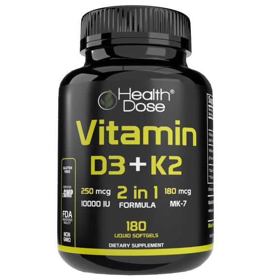 Health Dose Vitamin D3   K2 10.000 IU With K2 MK-7 with D3 Vitamin Supplement, 2 in 1 Immune Support, Heart, Joint, Teeth & Bone Health 180 Softgels.