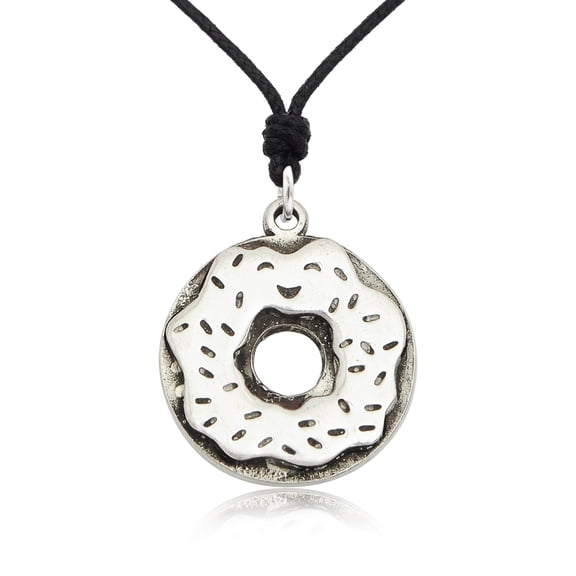 Sweet Donut Silver Pewter Charm Necklace Pendant Jewelry With Cotton Cord