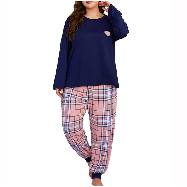 Womens Plus Size Pajamas Sets Long Sleeve Heart Print Pullover Tops Loose Cinch Bottom Plaid