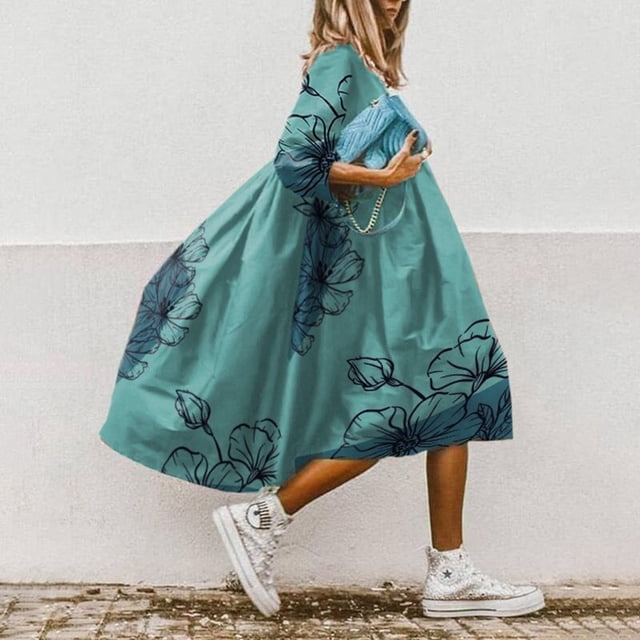 Women Floral Print A-Line Dress Summer Fashion O Neck Loose Office Party Dresses Casual Half Sleeved Boho Beach Dress VestidosL Gao Jinjia LED