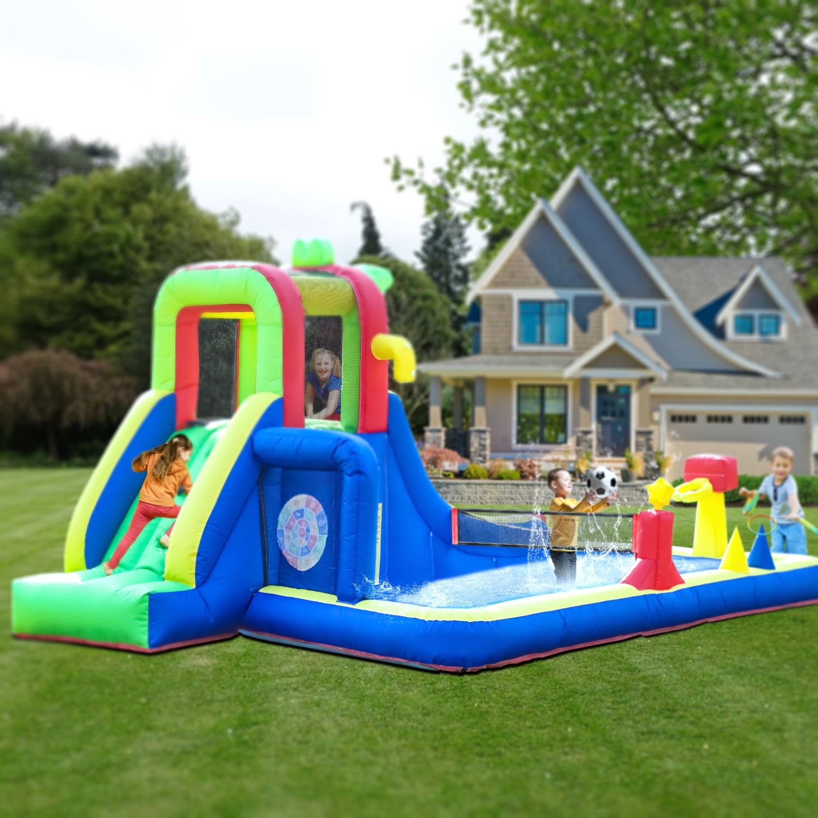 Relunch Inflatable Water Slide Crocodile Bounce House Volleyball Play for Kids
