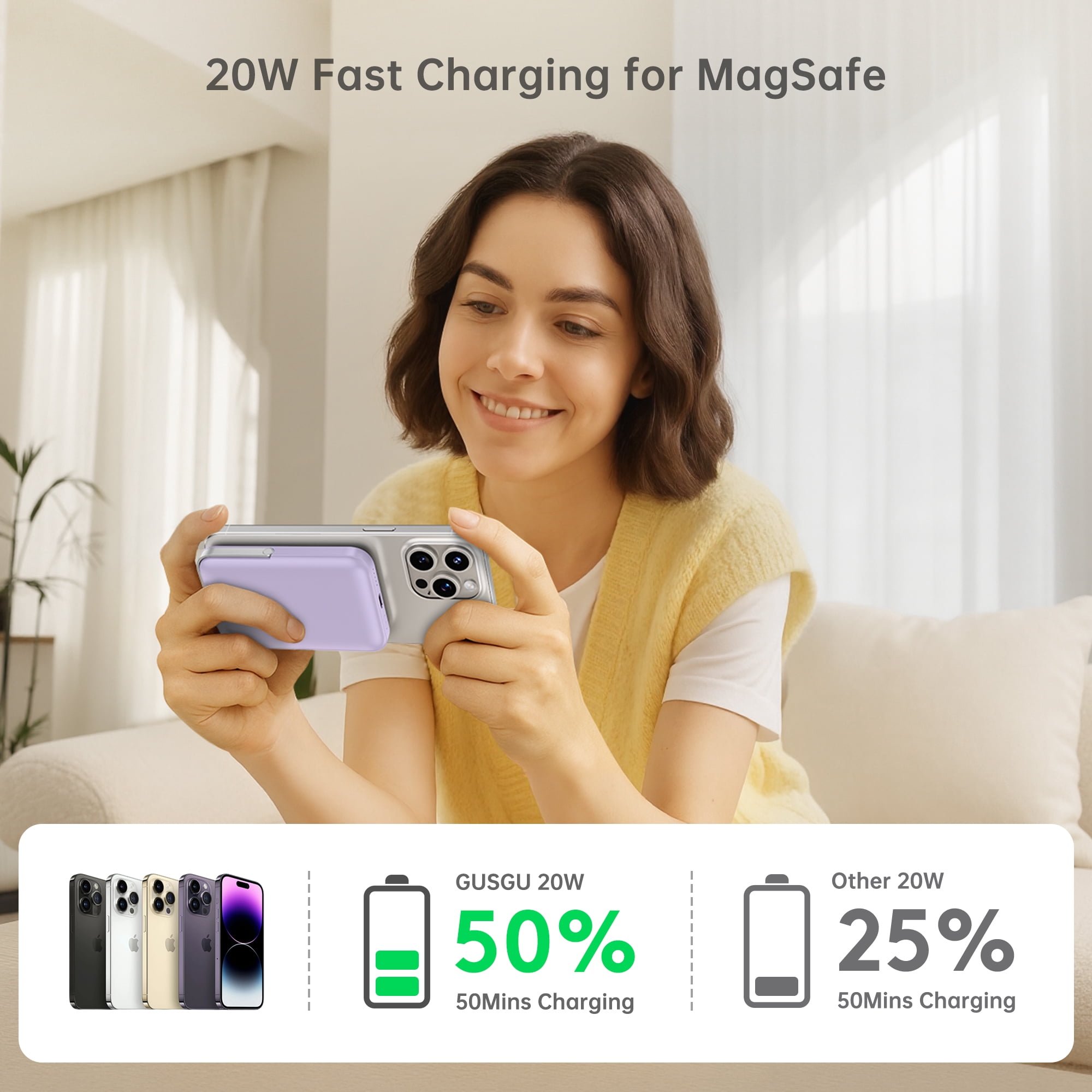 GUSGU MAG M20 10,000mAh Magnetic Power Bank with Holder, 22.5W Fast Charging Battery Pack Compatible with Magsafe iPhone 15/14/13/12 Series, Samsung, Purple