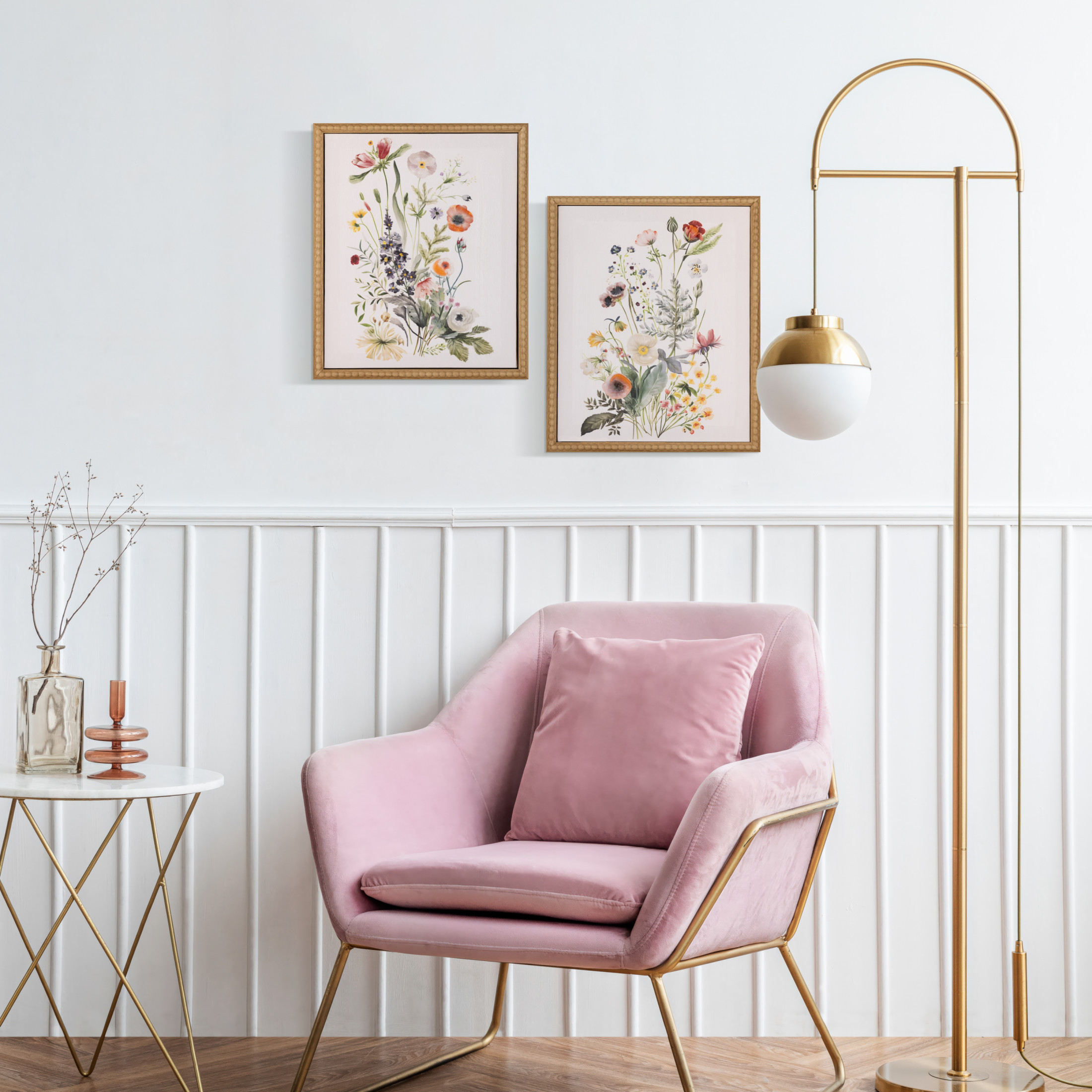 Gallery Solutions Set of 2 Botanical Floral Canvas Art with Beaded Frame
