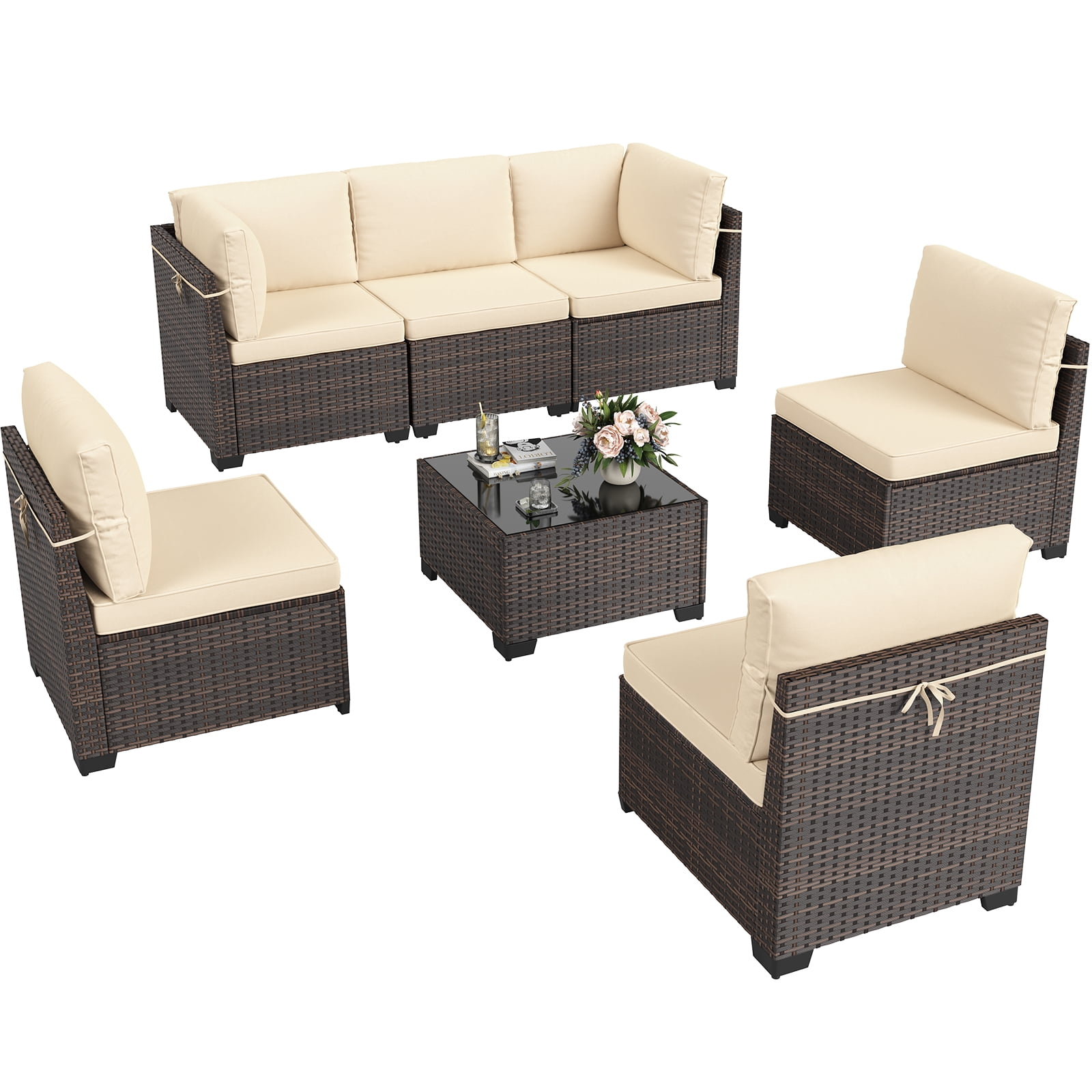 STARY 7 Pieces Outdoor Conversation Set, Patio Sectional PE Rattan Furniture Set for Backyard, Cream