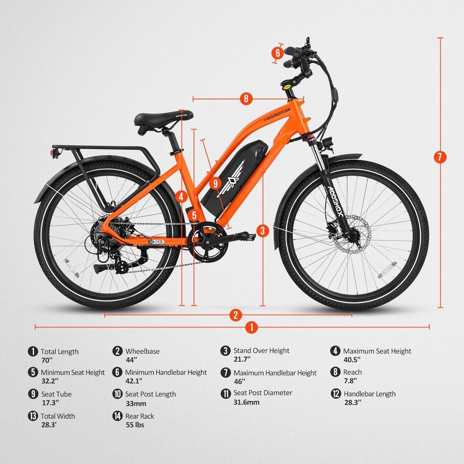 Addmotor Citypro 26inch Electric Bike for Adult, 125 Miles, 500W Commuter City Cruiser Electric Bicycle with 48V 20Ah Battery, Step-Thru Electric Ebike, Shimano 7 Speed, E-43 Orange