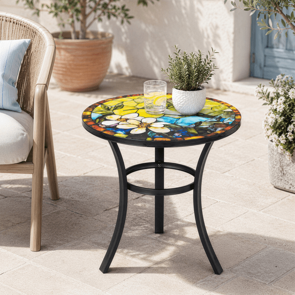 19.5 inch Side Table, Round Iron Top with Tripod Legs, Indoor Outdoor Accent End Table, Hummingbird Mosaic