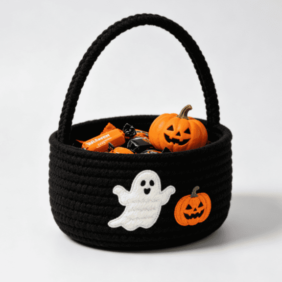 Halloween Woven Rope Basket with Handles Halloween Candy Organizer, Cute Ghost Pumpkin Storage Bin, Portable Cotton Rope Basket for Trick or Treat Home Party Decor