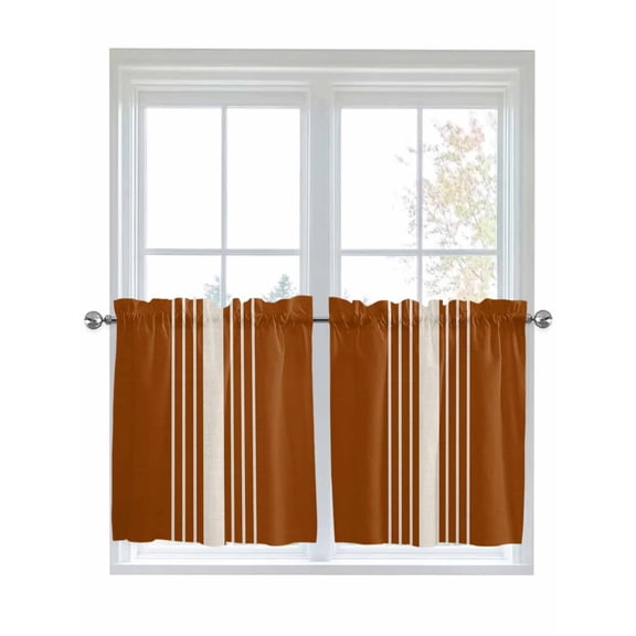 Half Window Curtains 24 Inches Long, Burnt Orange Beige Striped Window Treatment Curtain Drapes, Modern Farmhouse Retro Lines Short Curtains Tiers for Kitchen Over Sink, 27.5"x24", 2 Panels