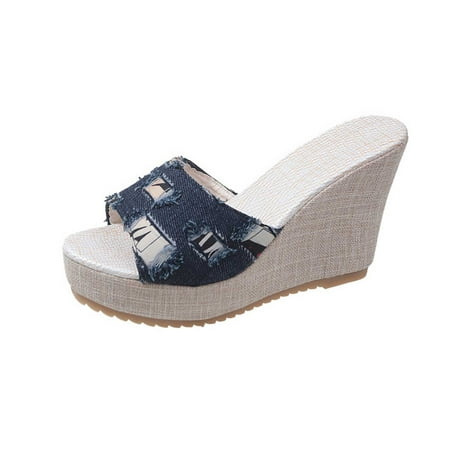 

KIJBLAE Women s Wedges Shoes Clearance Plus-size Casual Denim Flip-flops With Wedge Sandals Black 40 Lady Wedges Shoes Discount