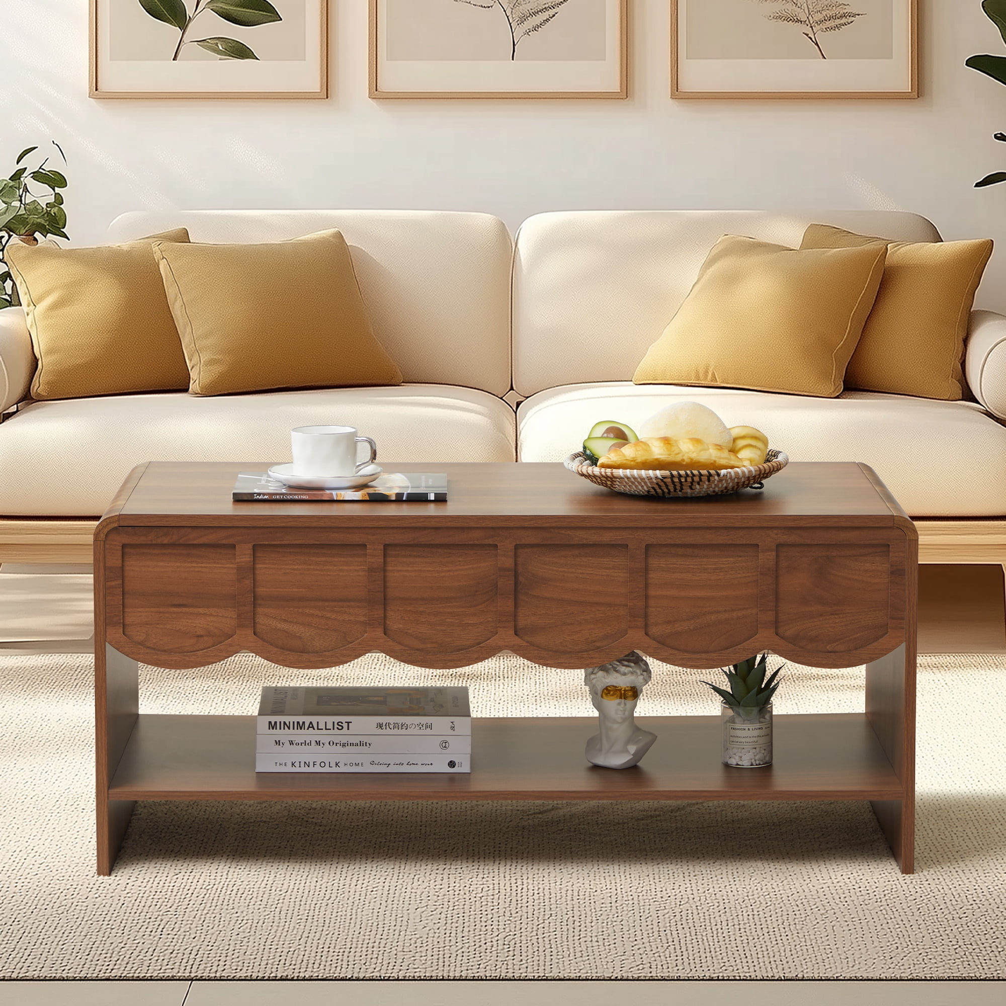 Wirrytor Lift Top Coffee Table with Storage for Living Room, Oval Coffee Table with Hidden Compartment and Open Shelf, Modern Center Table with Wave Edge Design and Hydraulic Lift