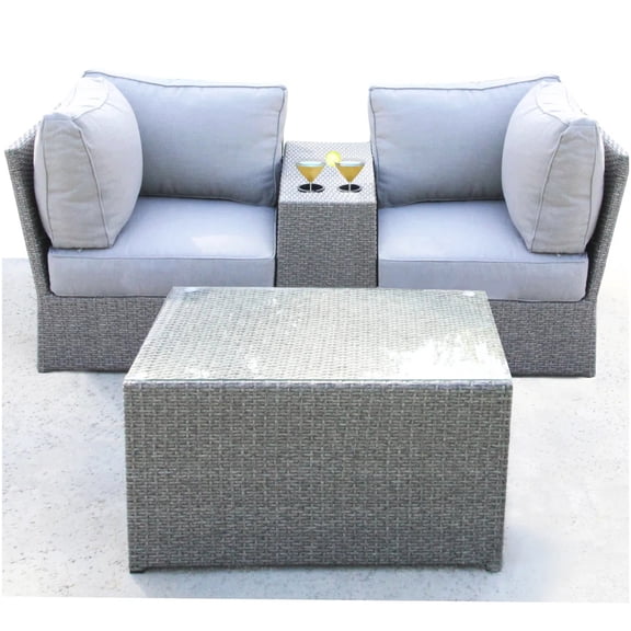 All-Weather Wicker Patio Loveseat Set with Glass Table and Cup Holders, Grey