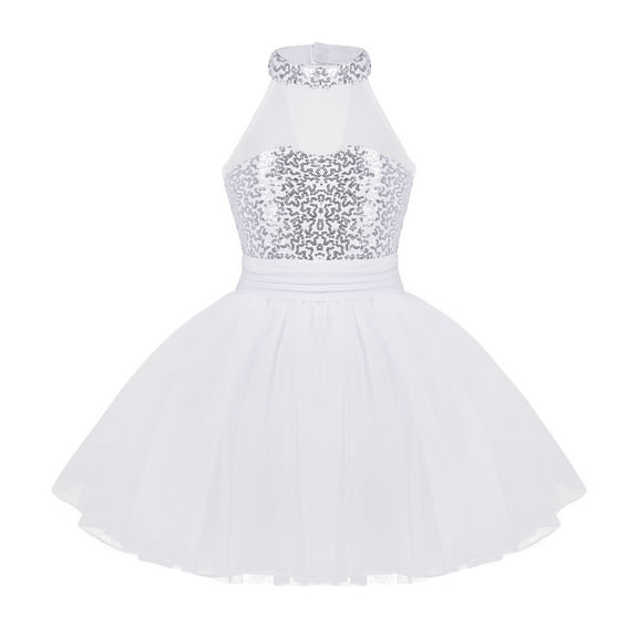 DPOIS Kids Girls Mock Neck Sequin Ballet Dancewear Gymnastics Leotard Mesh Tutu Dress