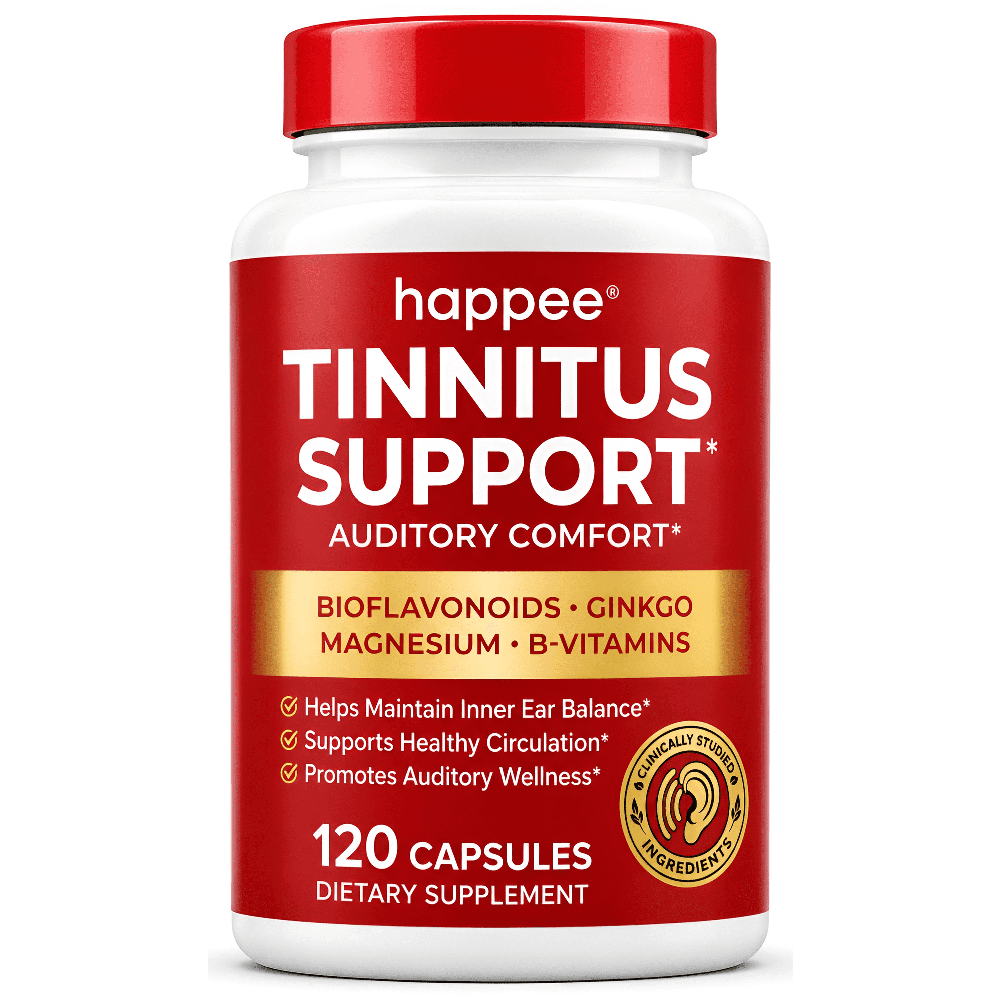 Happee Tinnitus Supplement for Ringing Ears, Bioflavonoids & Ginkgo, Daily Support, 120 Ct