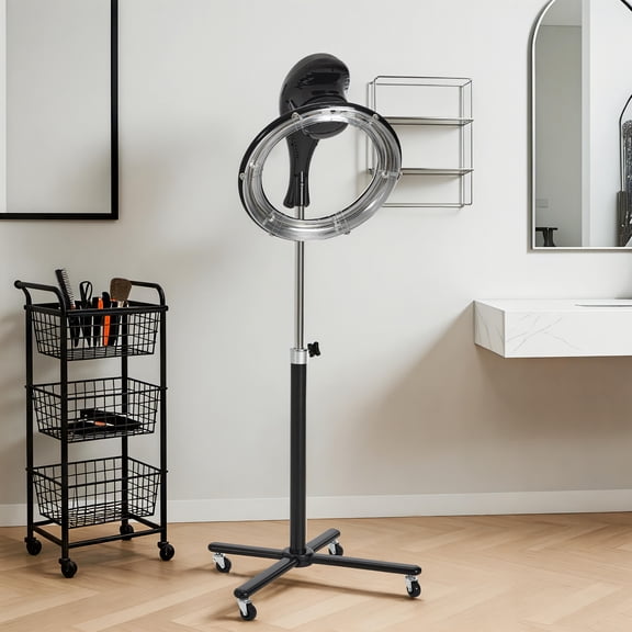 BarberPub Orbiting Sit under Hair Dryer Hood with Adjustable Height, Smart Control Panel, Rolling Base, 1100W, Black