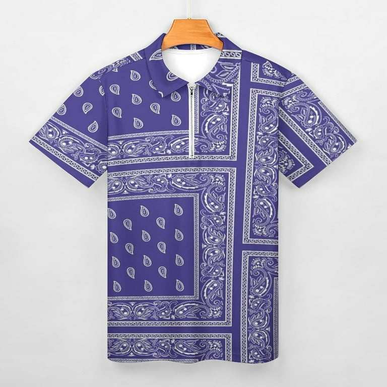 Purple Bandana Men Zipper T-shirt Summer Casual Short Sleeve T