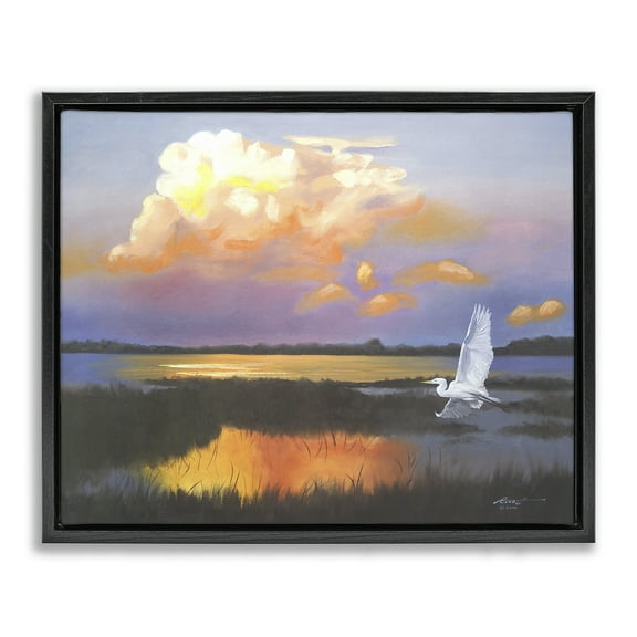 Stupell Industries Egret Over Cloudy Reflection Landscape Painting Black Floater Framed Canvas Art Print Wall Art, 21 x 17