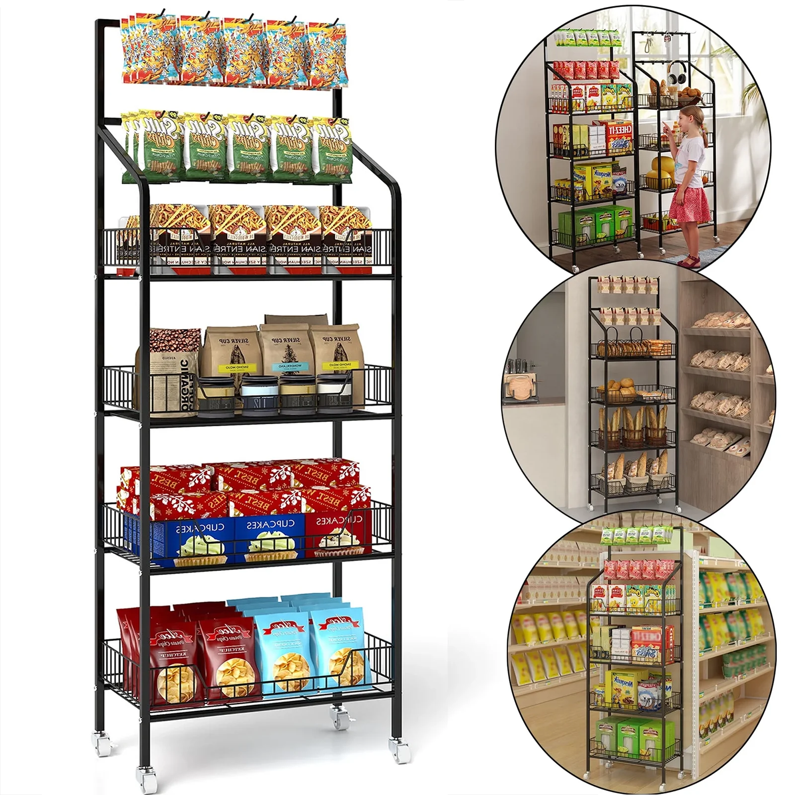 IAJXWI Heavy-duty 4 Tier Retail Display Rack, Metal 56.3" Height Storage Shelf, Candy Snack Rolling Display Shelves with 10 hooks
