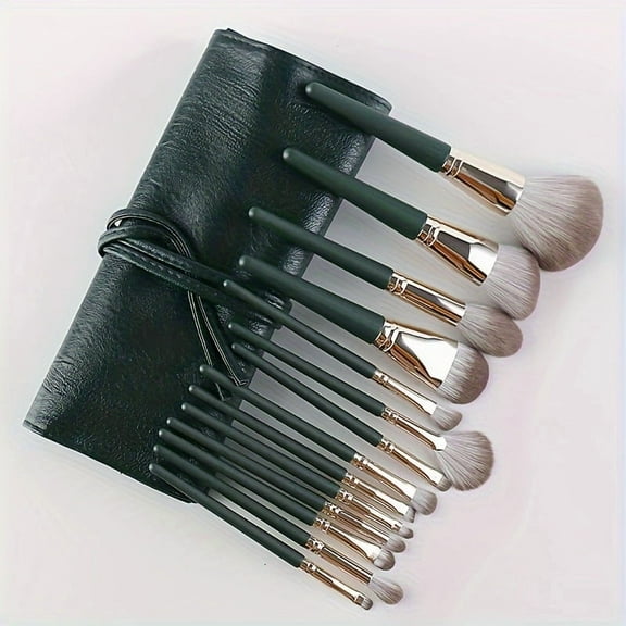 14pcs Dark Green Professional Makeup Brush Kit – Face & Eye Set with Foundation, Powder, Contour, Blending & Detail Brushes Storage Bag
