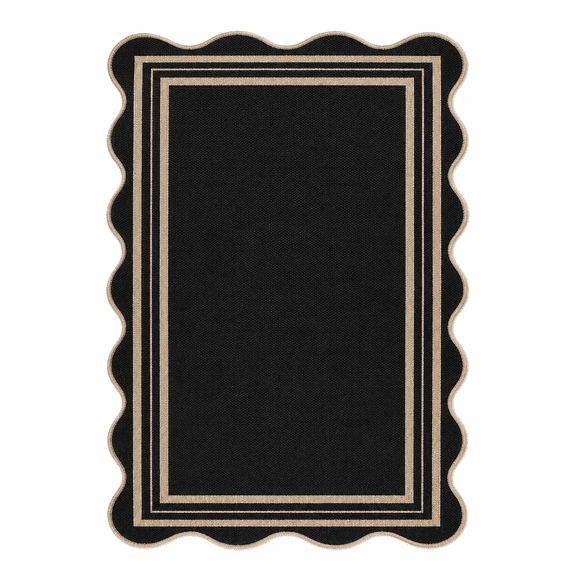 Scalloped Area Rug 3 ft x 5 ft, Washable Charcoal Black Faux Jute Entryway Mat with Non-Slip TPE Backing for Front Door, Patio, Living Room and Kitchen