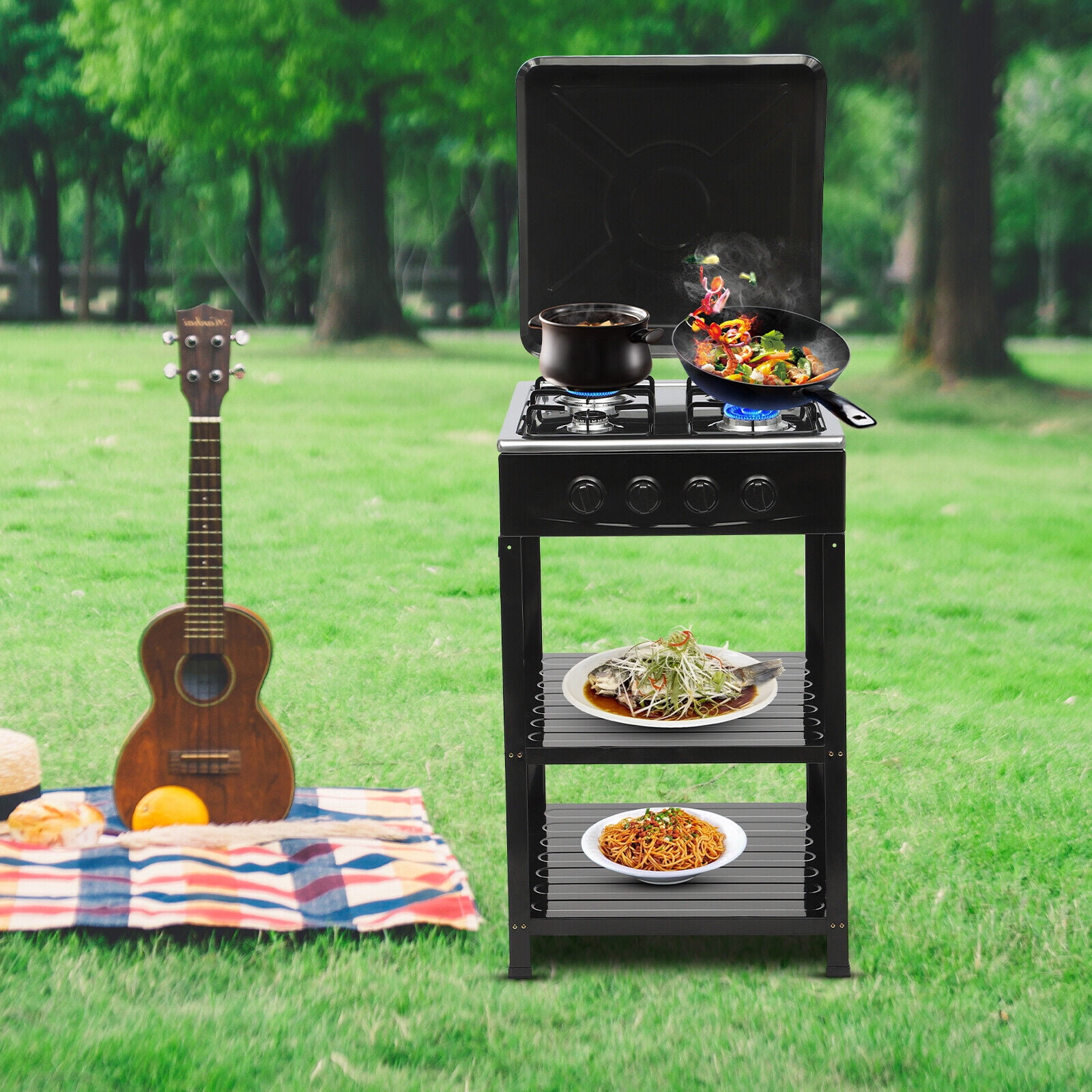 Portable Gas Stove 4-burner & Support Leg Stand &wind Blocking Cover BBQ Outdoor