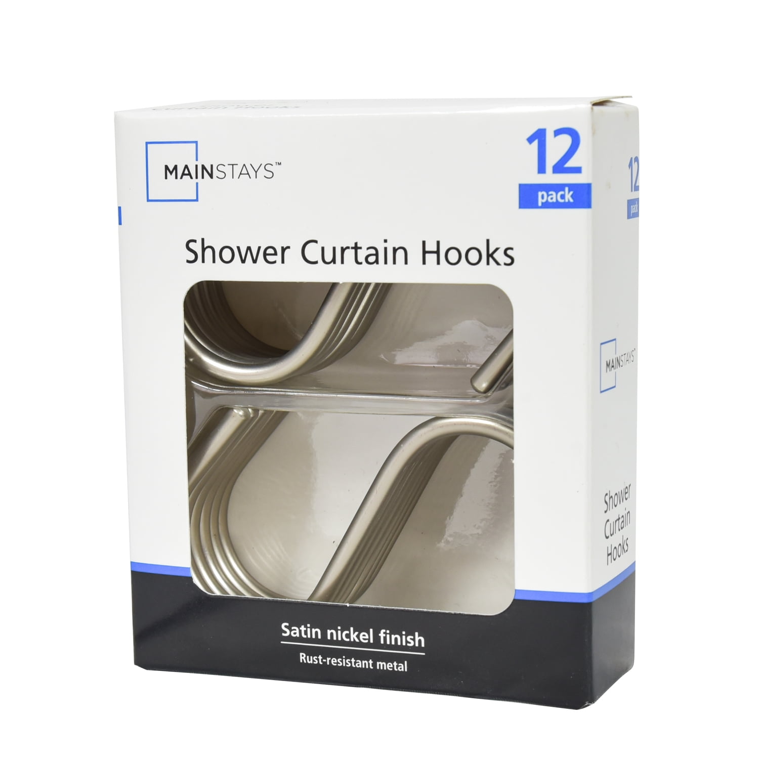 Mainstays Shower Curtain S-Hooks, Satin Nickel, 12Piece/Set, 100% Iron