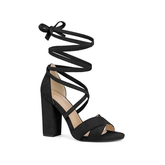 BLISSFUL STEP Strappy Block Heels Lace Up Sandals for Women Black 8
