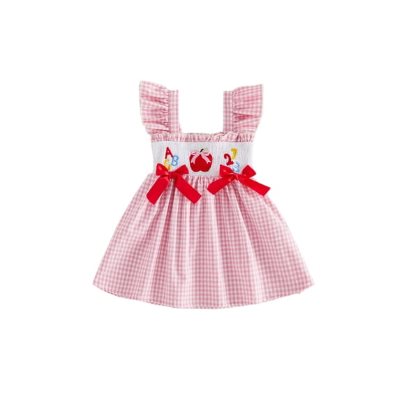 Cenuakty Toddler Baby Girls Plaid Dress Summer Fashion Back to School Bus Embroidery Flying Sleeve A Line Dress