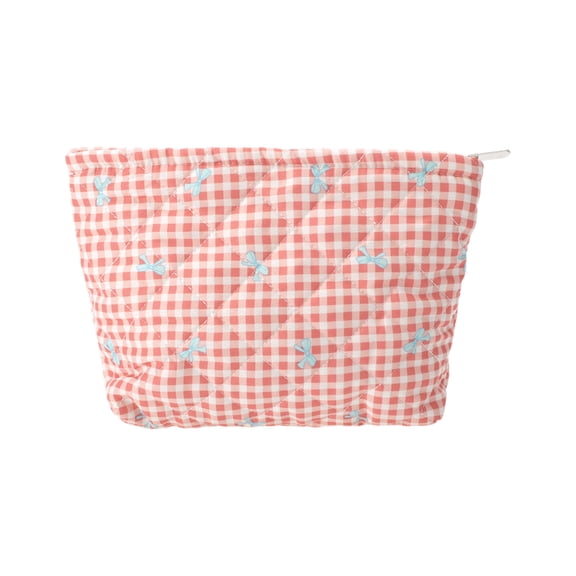 Unique Bargains 1 Pc Plaid Bow Makeup Bag Orange Pink Polyester