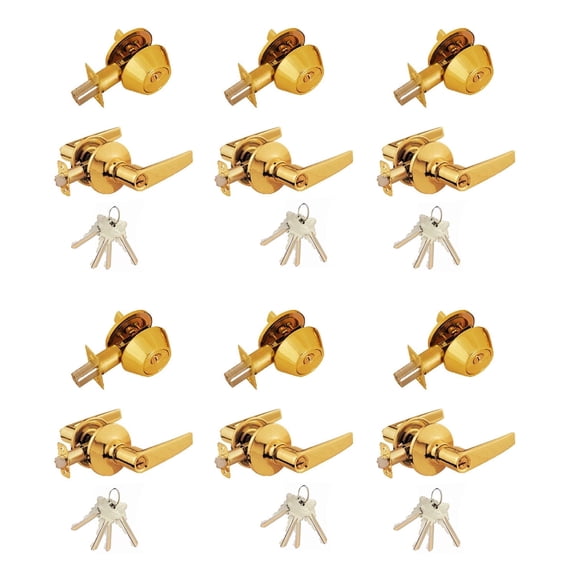 Polished Brass Entry Lock Set Door Lever Handle and Deadbolt Keyed Alike KW1 Keyway. 24 Total Keys, Keyed Alike by Set