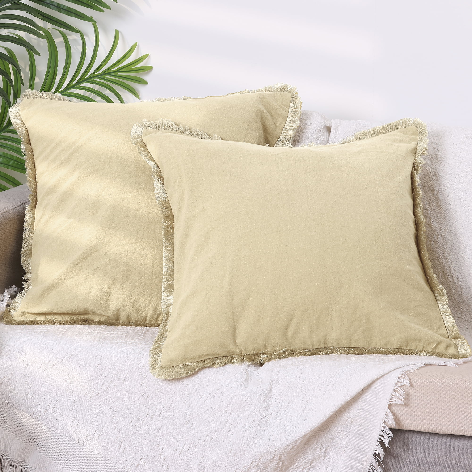 Unique Bargains 4 Pcs Cotton Throw Pillow Cover with Tassel Trim for Home Decor Beige 16" x 16"