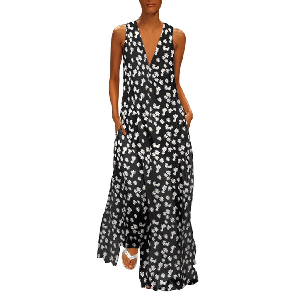 Vonda - VONDA Women's Trendy Sleeveless Daisy Print Dress Maxi Dress ...