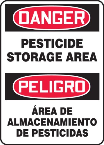 Accuform SBMCAW109VP Plastic Spanish Bilingual Sign, Legend"Danger Pesticide Storage Area/PELIGRO Area DE ALMACENAMIENTO DE PESTICIDAS", 14" Length x 10" Width x 0.055" Thickness, Red/Black on White - image 1 of 2