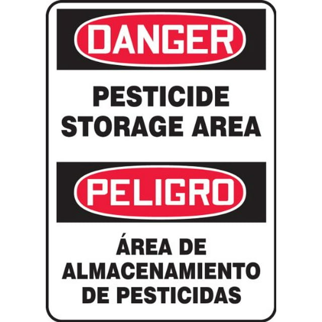 Accuform SBMCAW109VP Plastic Spanish Bilingual Sign, Legend"Danger Pesticide Storage Area/PELIGRO Area DE ALMACENAMIENTO DE PESTICIDAS", 14" Length x 10" Width x 0.055" Thickness, Red/Black on White