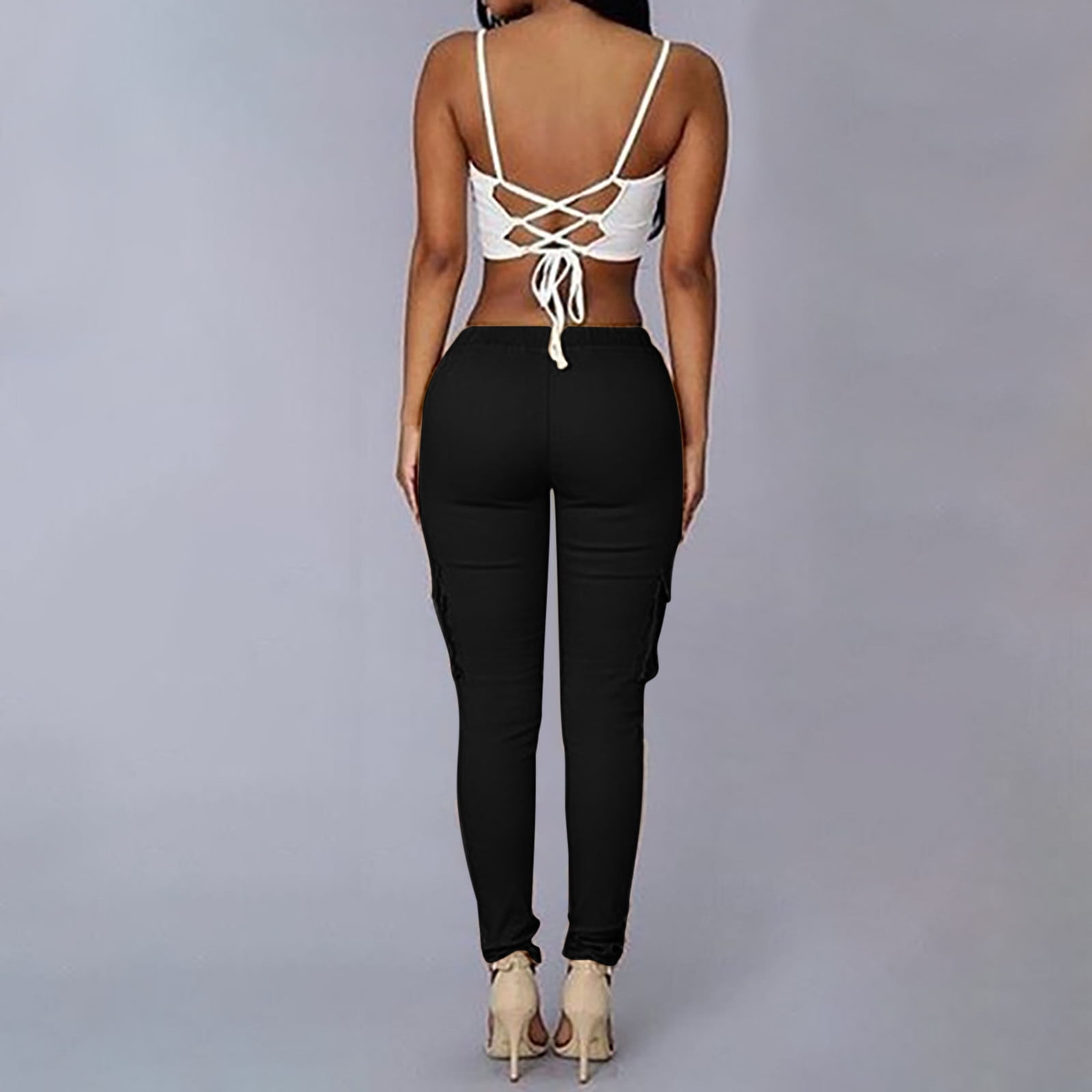 Women Plus Size Drawstring Cargo Pants Solid Color Multi-pocket Slim Trousers Casual Loose Elastic Waist Pants - image 5