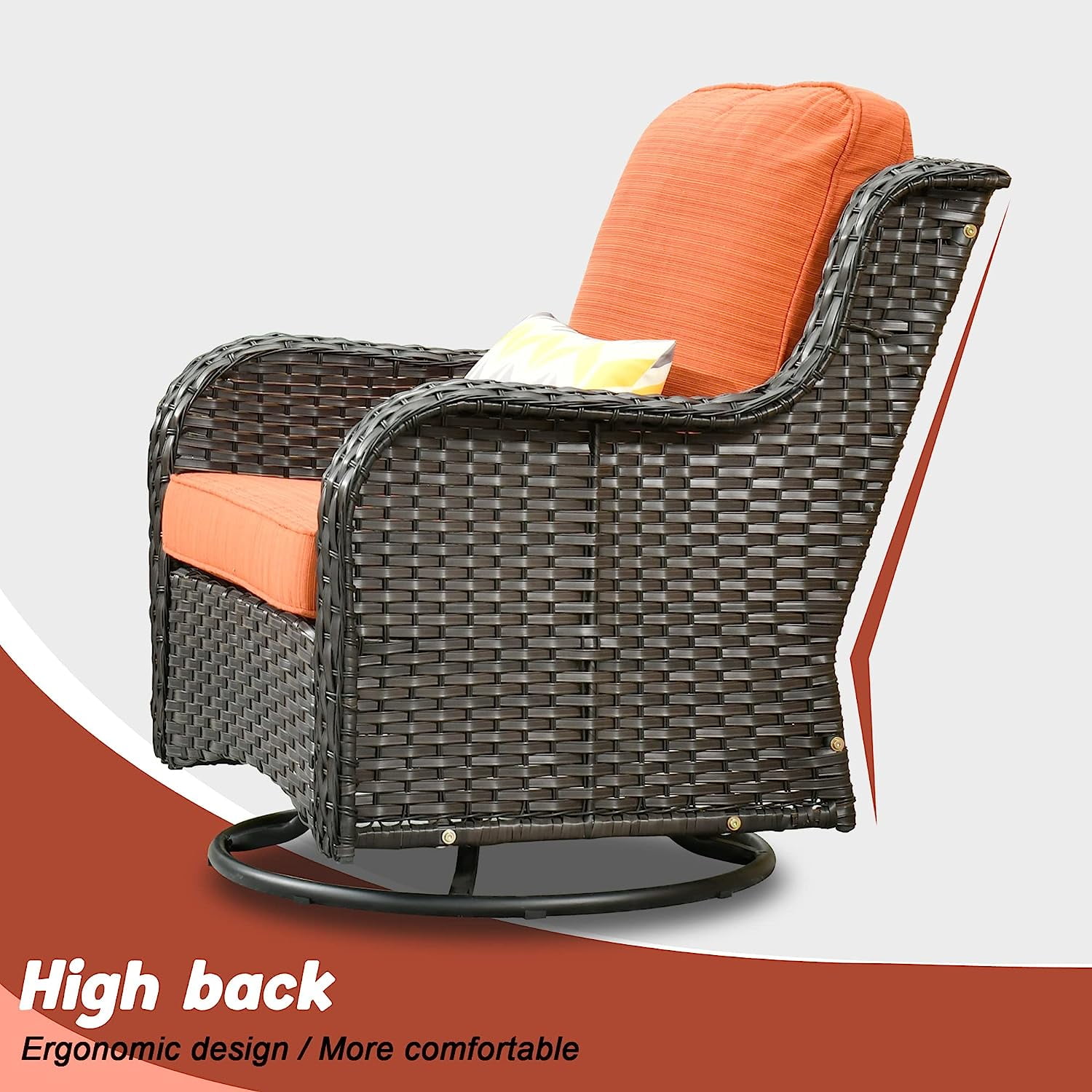 XIZZI Outdoor Patio Wicker Swivel Rocker Set,3-Piece Rocking Chair Bistro Set with Orange Red Cushions and Coffee Table for Balcony,Brown Wicker