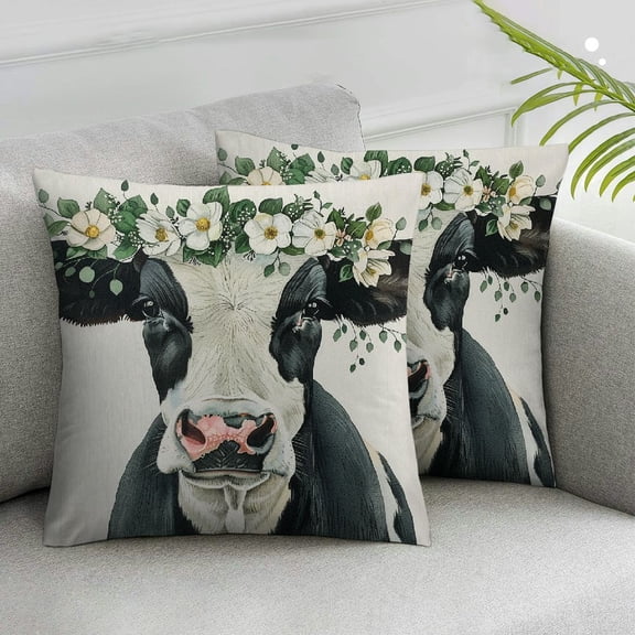 JRXY Cow Greenery Eucalyptus Throw Pillow Covers Outdoor Spring Summer Decor Country Farmhouse Lumbar Decorative Throw Pillows Cases Decorations for Couch Sofa Living Room,Set of 2 White