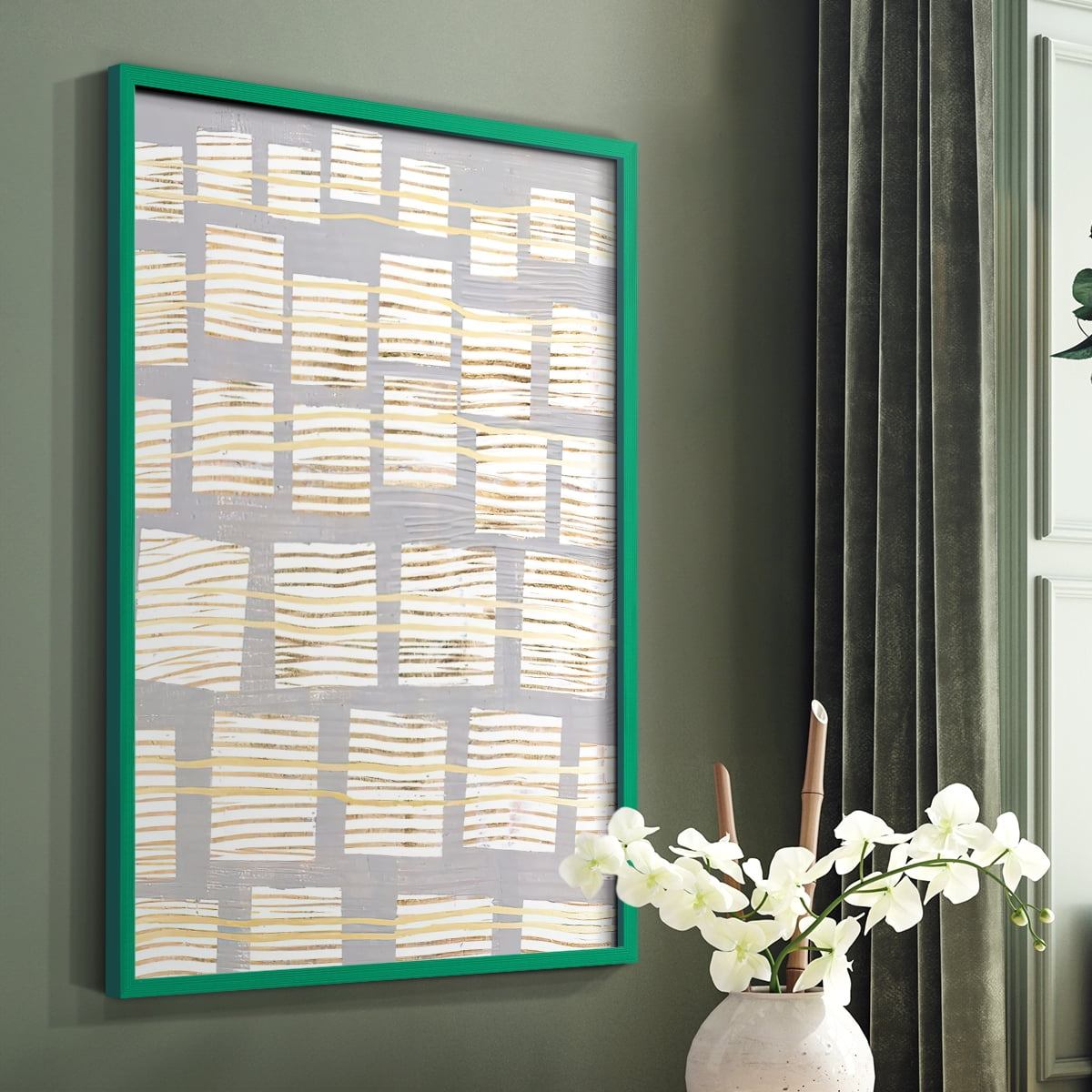 Networks II Framed Print in Green Solid Wood Framed Print No Nail Hanging
