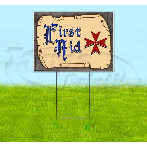 Medieval Fair First Aid Blue Scroll (18" x 24") Yard Sign, Includes Metal Step Stake