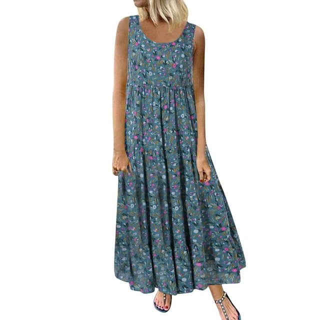 Babysbule Liquidation Robes d'Été pour Femmes, Robe Longue Maxi Décontractée Ample Sans Manches à Imprimé Floral en Lin pour Femmes Grande Taille au Quotidien