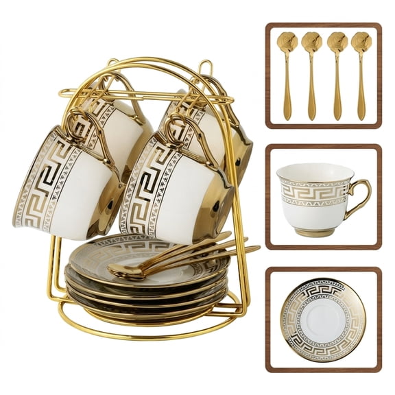 LUOLUO 13 Pcs Tea Sets with with Metal Rack ,Ceramic Coffee Mug Set of 4 with Cup & Spoon & Saucer, Classic Mugs for Coffee, Tea, Cocoa, Perfect for Home, Kitchen or Office, 220ml, White