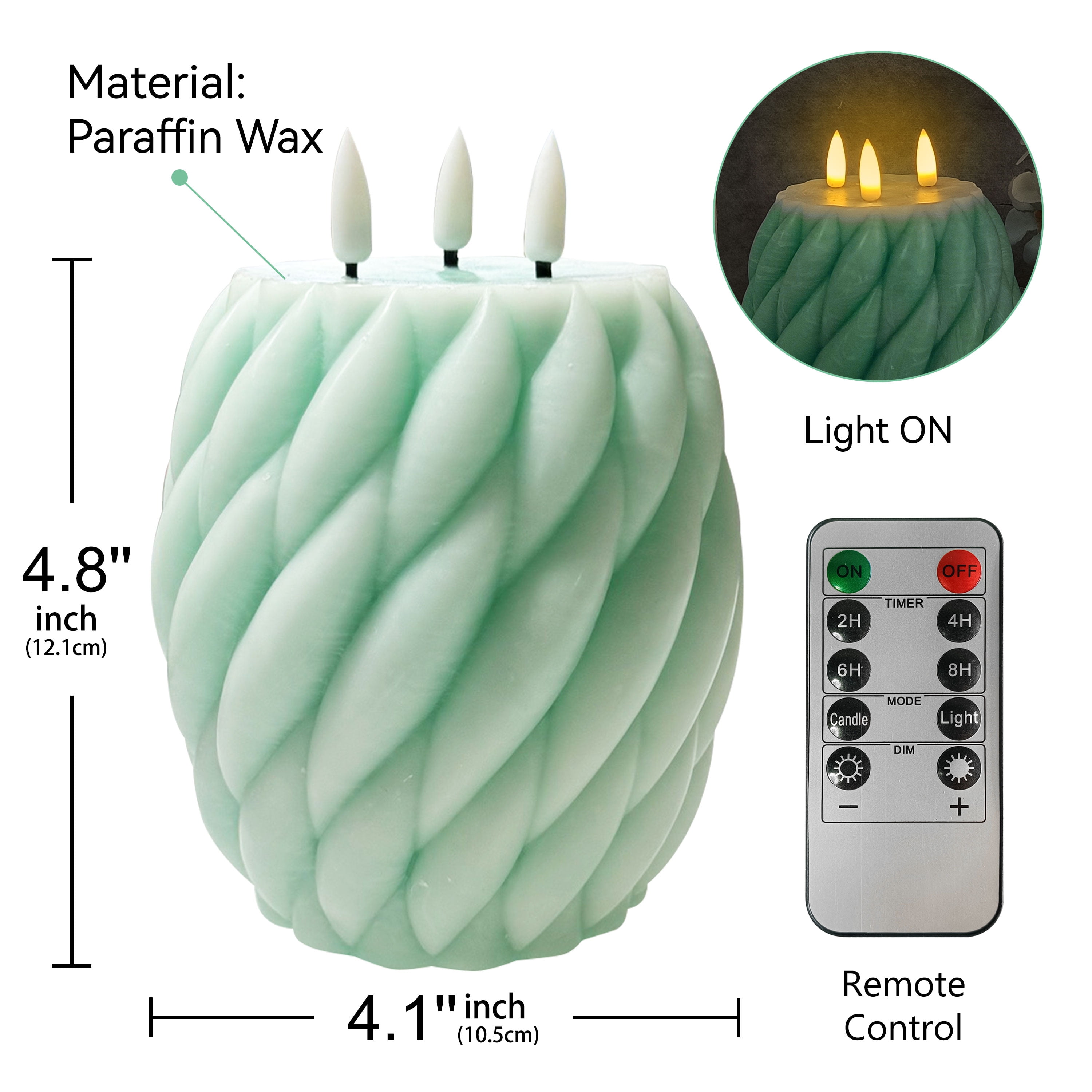 Green Knot Ball Flickering Flameless Candles, Real Wax LED Candles with Remote and Timer, 4.8 Inch Battery Operated Spiral Pillar Candles for Room Decor Home Wedding Decoration
