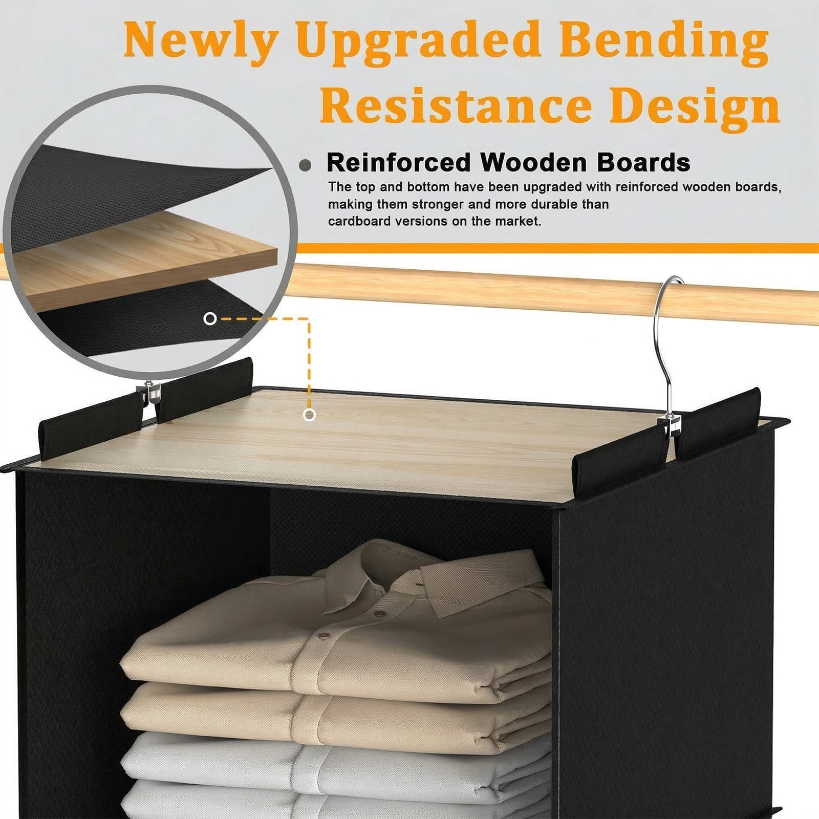 Closet Hanging Storage Shelves, 6-Shelf Hanging Closet Organizer with Bamboo Inserts, Foldable Closet Organizers and Storage for Bedroom,Sturdy Hook Closet Storage W/ 2 Side Pockets,Gray