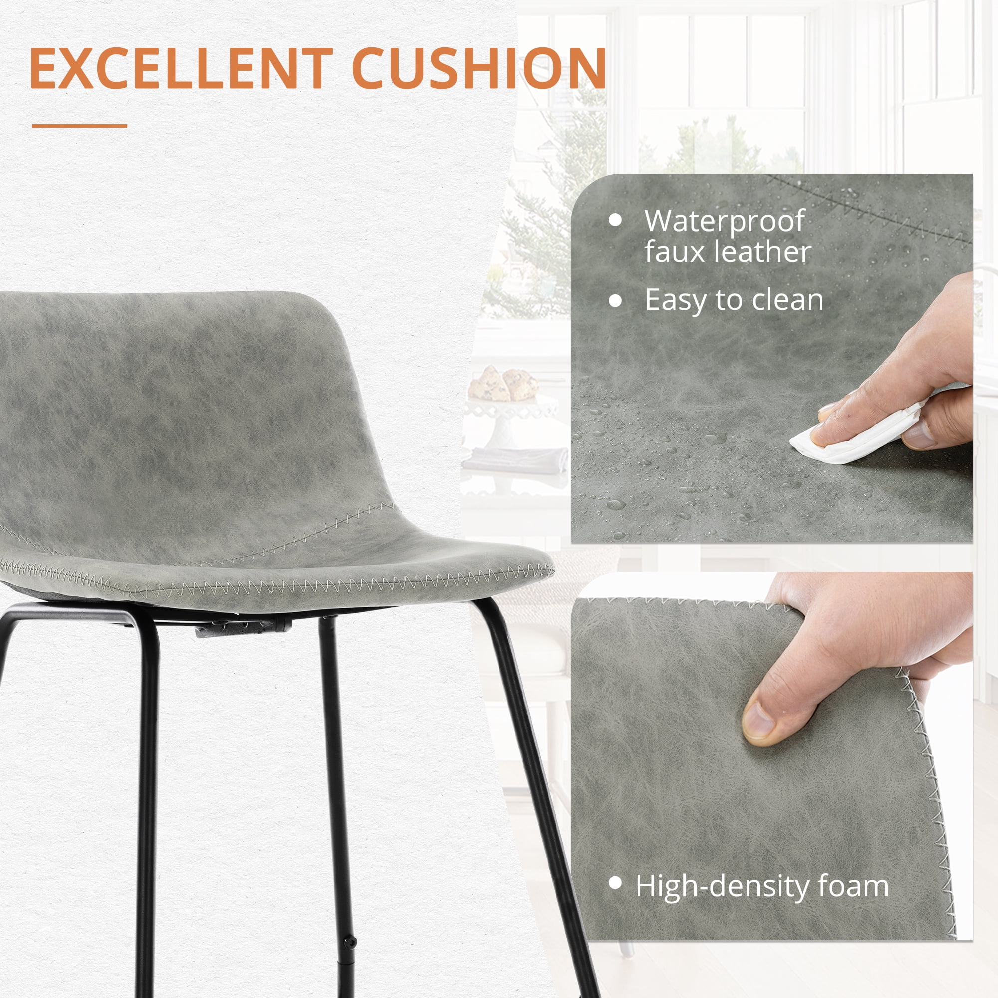 Dycanpo 24" Counter Height Bar Stools Set of 2 with Back, Faux Leather for Home Kitchen Island, Gray