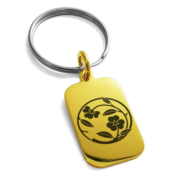 Stainless Steel Kawari Katabami Edamaru Kamon Crest Engraved Small Rectangle Dog Tag Charm Keychain Keyring