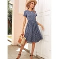 thumbnail image 4 of CALIPESSA Womens Summer Polka Dot Tunic Ruffle Knee Dress Casual Loose Swing Flowy Blue Short Sleeve Curved Hem Midi Dresses With Pocket, 4 of 5